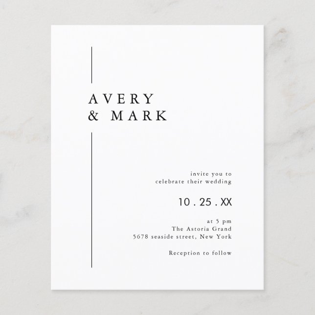 BUDGET Black White Minimalist Wedding Invitation Flyer (Front)