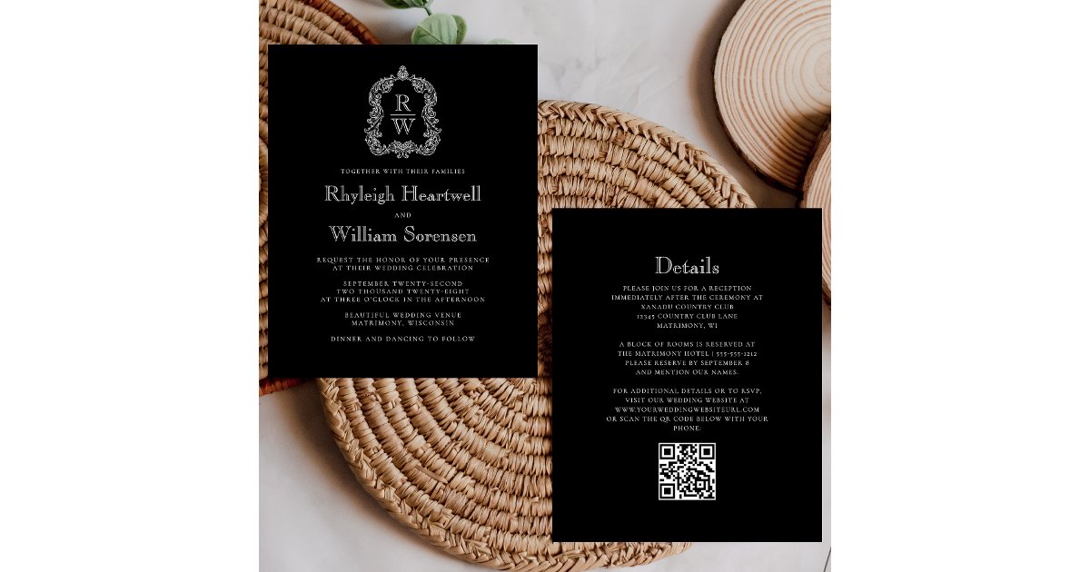 Budget Black White Monogram Crest QR Code Wedding | Zazzle