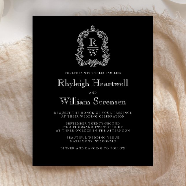 Budget Black White Monogram Crest Wedding Invite (Creator Uploaded)