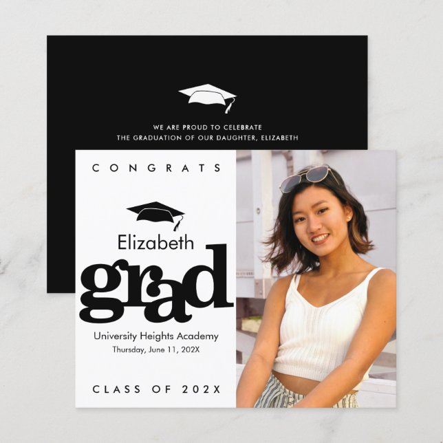 Budget Black White Photo Graduation Cap Invitation (Front/Back)