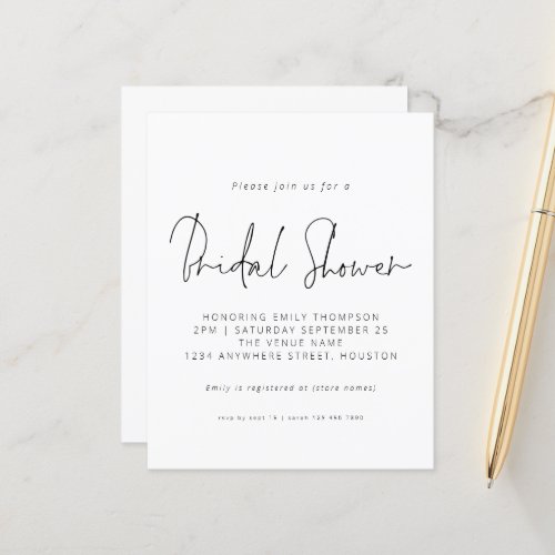 Budget Black White Script Bridal Shower Invitation