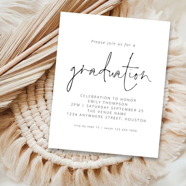 Budget Black White Script Graduation Invite (front view)