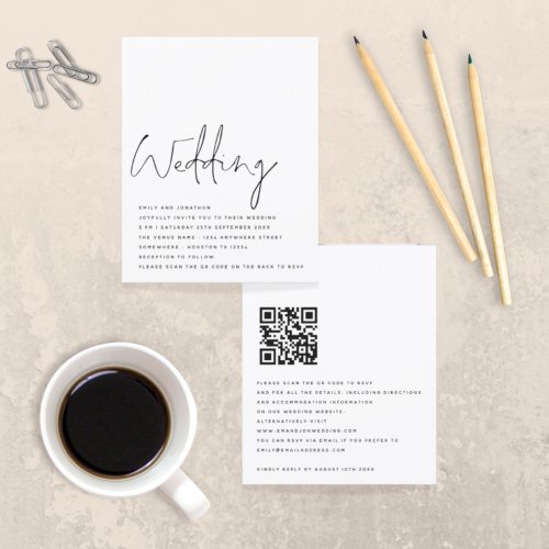 BUDGET Black White Script QR Code Wedding Invite