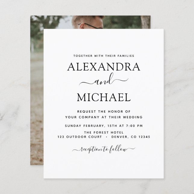 Budget Black White Wedding with Photo Invitation (Front/Back)