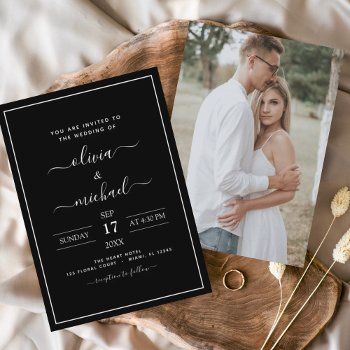 Budget Black White Wedding With Photo Invitation Flyer by Hot_Foil_Creations at Zazzle