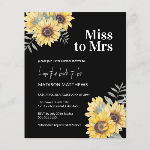 Budget Black Wood Sunflower Bridal Shower Invite