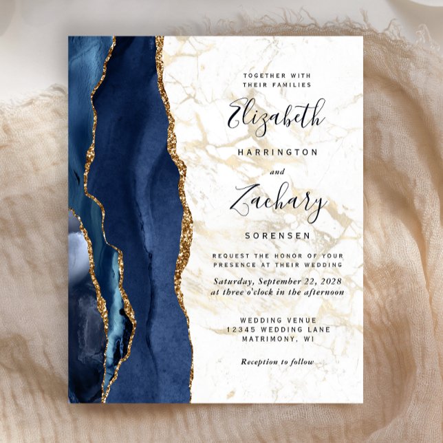 Budget Blue Agate Gold Marble Wedding Invitation (Creator Uploaded)
