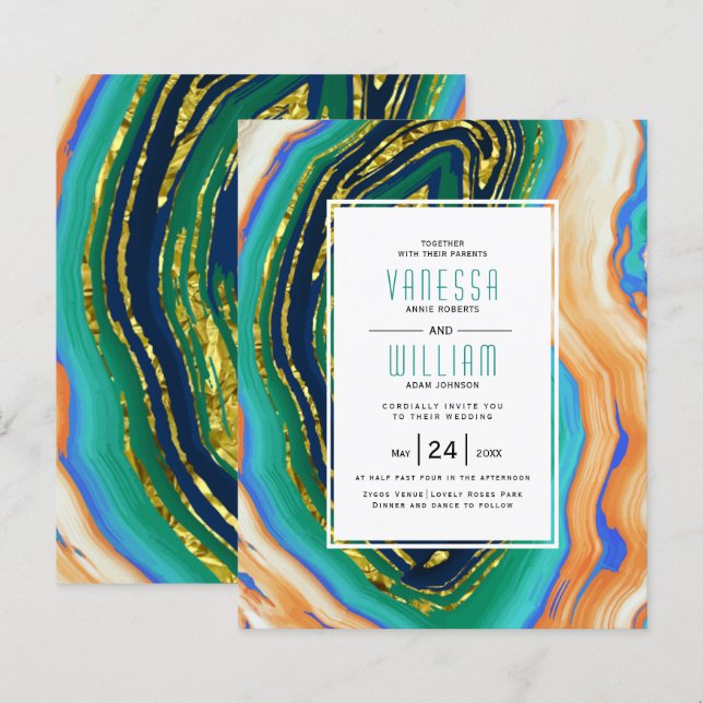 BUDGET blue agate slice gold wedding invitation (Front/Back)