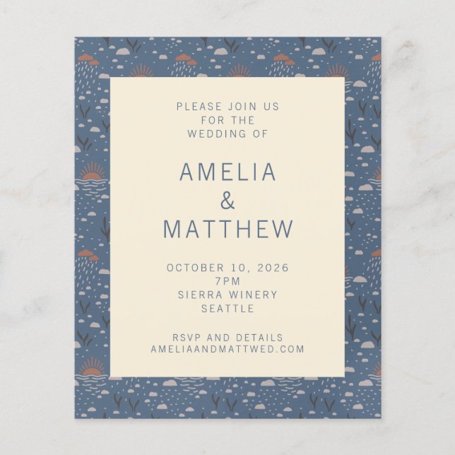Budget Blue and Rust Boho Nature Wedding Invite (Front)