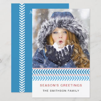Budget Blue and White Stitches Photo Holiday Card