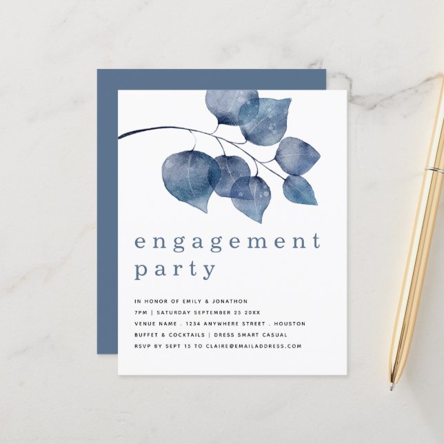 Budget Blue Artsy Foliage Engagement Party Invite (Front/Back In Situ)