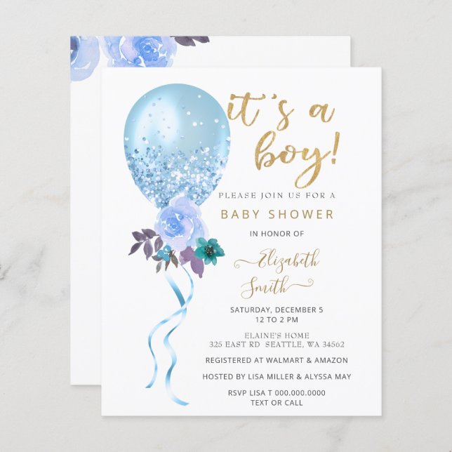 Budget Blue Balloon Boy Baby Shower Invitation (Front/Back)