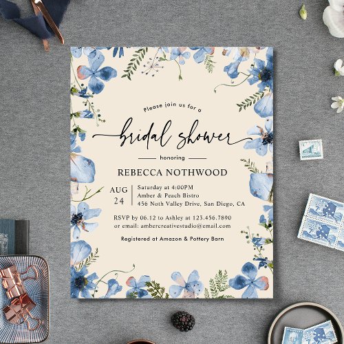 Budget Blue Beige Boho Bridal Shower Invitation