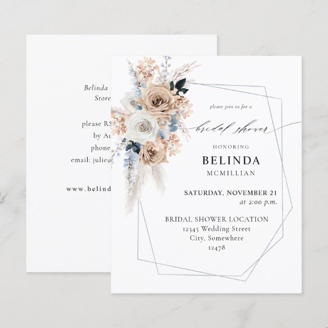 Budget Blue & Beige Boho Floral Bridal Shower (Front/Back)