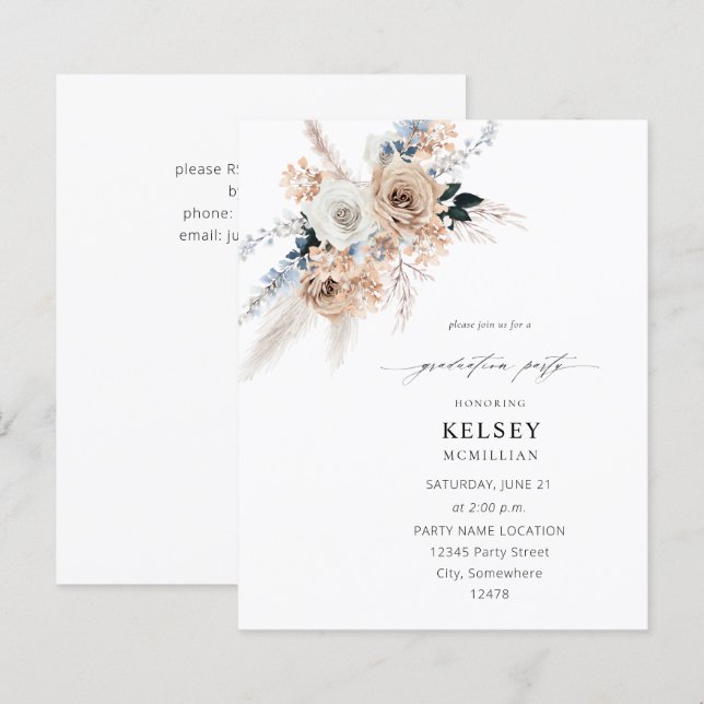 Budget Blue & Beige Boho Floral Graduation Party (Front/Back)