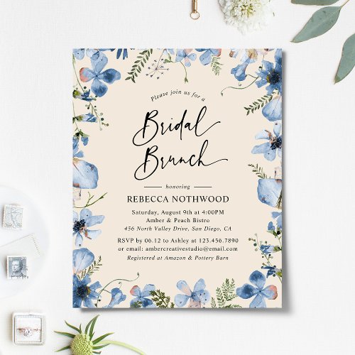 Budget Blue Beige Floral Bridal Brunch Invitation