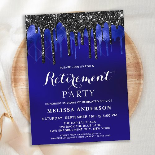 Budget Blue Black Glitter Drips Retirement Party