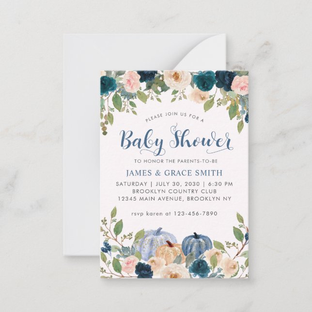 Budget Blue Blush Pink Floral Pumpkin Baby Shower Note Card (Front)