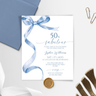 Budget Blue Bow 50 & Fabulous Birthday Invitation