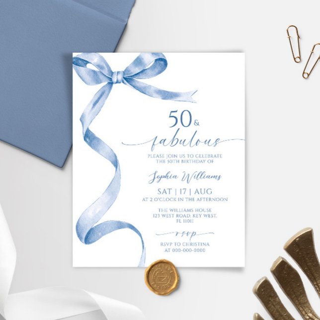 Budget Blue Bow 50 & Fabulous Birthday Invitation (Creator Uploaded)