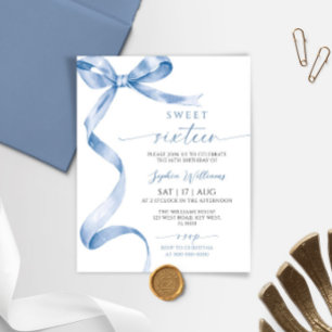 Budget Blue Bow Sweet 16 Birthday Invitation