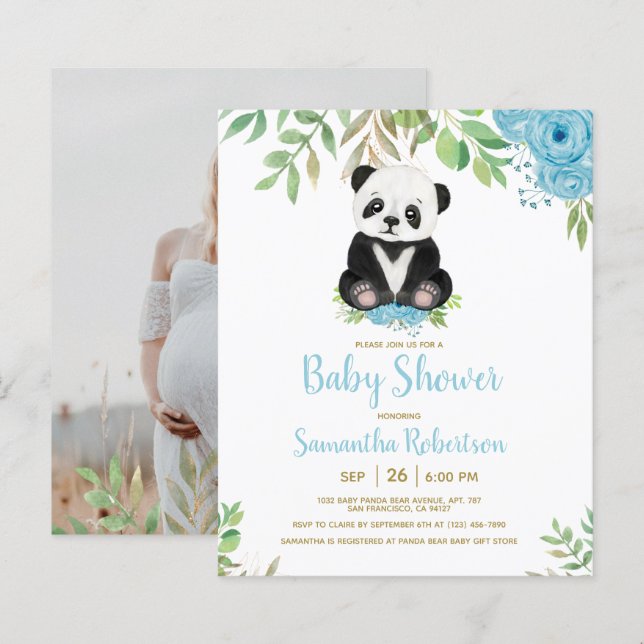 Budget Blue Boy Bear Floral Baby Shower Invitation (Front/Back)