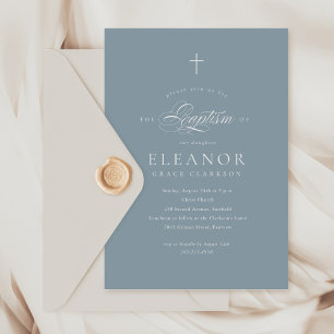 Budget Blue Boy Elegant Cross Calligraphy Baptism Invitation
