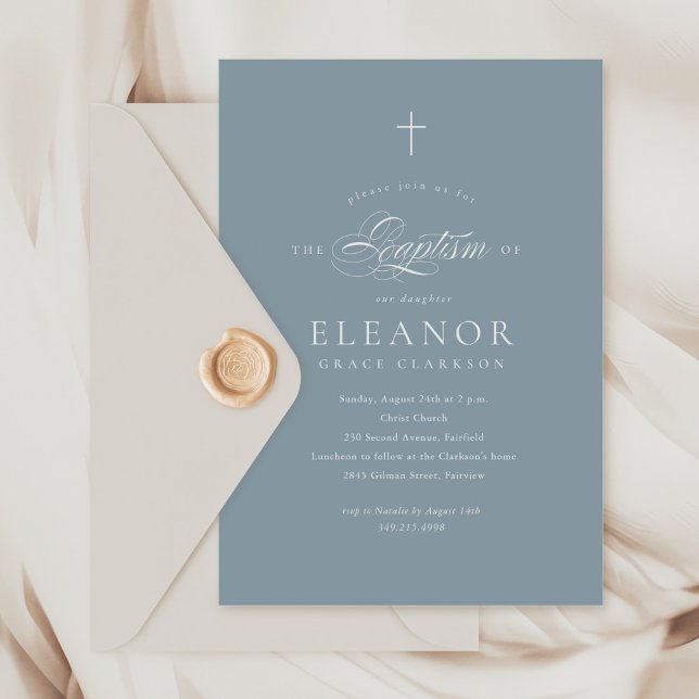 Budget Blue Boy Elegant Cross Calligraphy Baptism Invitation (Creator Uploaded)