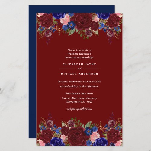 BUDGET Blue Burgundy Floral Wedding Invite A9