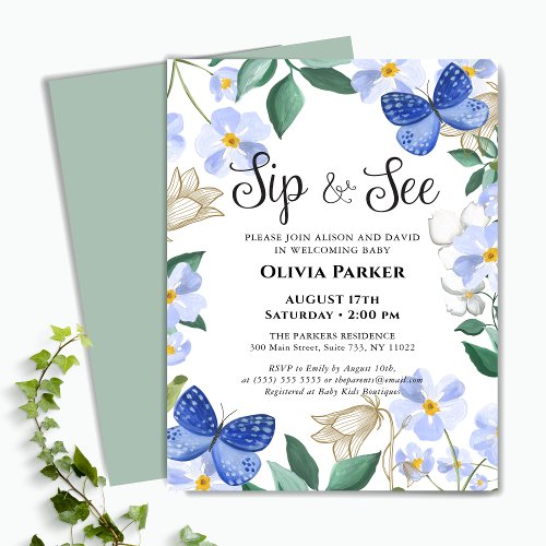 Budget Blue Butterfly Boy Baby Sip and See Invite Flyer