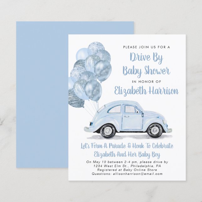 Budget Blue Car Drive By Baby Shower Invitation (Front/Back)