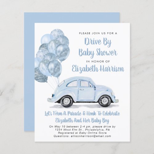 Budget Blue Car Drive By Baby Shower Invitation
