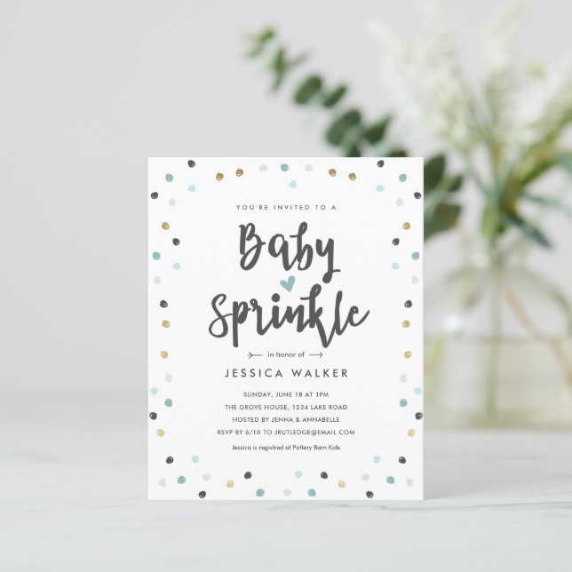 Budget Blue Confetti Type Baby Sprinkle Invitation (Standing Front)