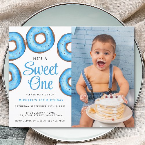 Budget Blue Donut 1st Photo Birthday Party Invite