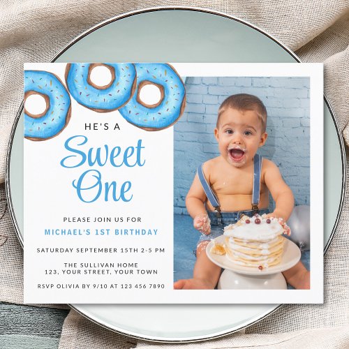 Budget Blue Donut Photo Boys 1st Birthday Invite