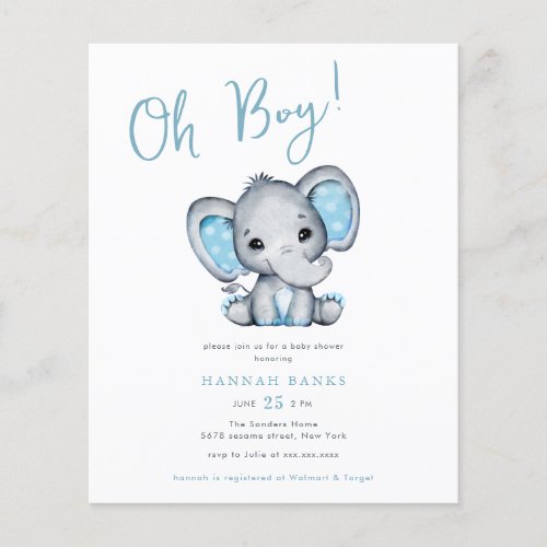Budget Blue Elephant Baby Boy Shower Invitation
