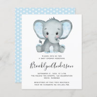BUDGET Blue Elephant Baby Shower Invitation
