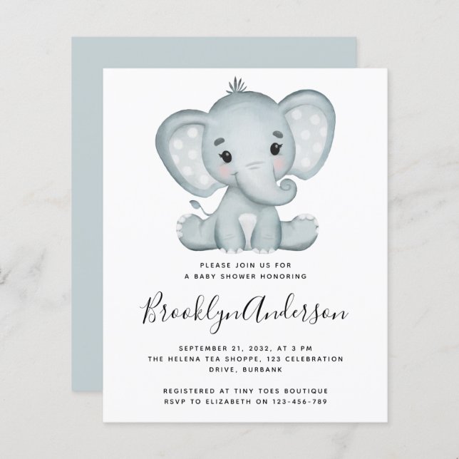BUDGET Blue Elephant Baby Shower Invitation (Front/Back)