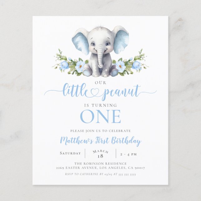 Budget Blue Elephant Boy 1st Birthday Invitation (Front)