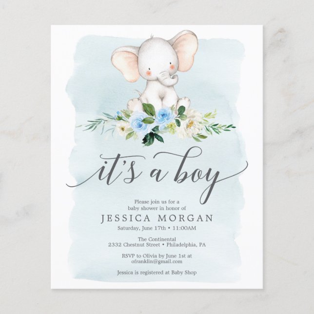 Budget Blue Elephant Boy Baby Shower Invitation Flyer (Front)