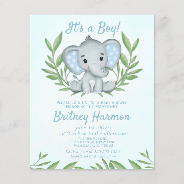 Budget Blue Elephant Boy Baby Shower Invitation Flyer (Front)
