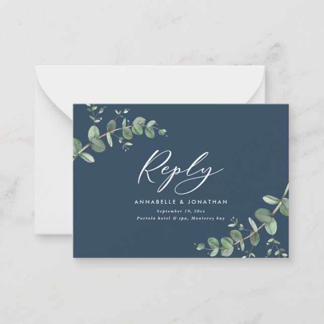 budget blue Eucalyptus Greenery Wedding reply Note Card (Front)
