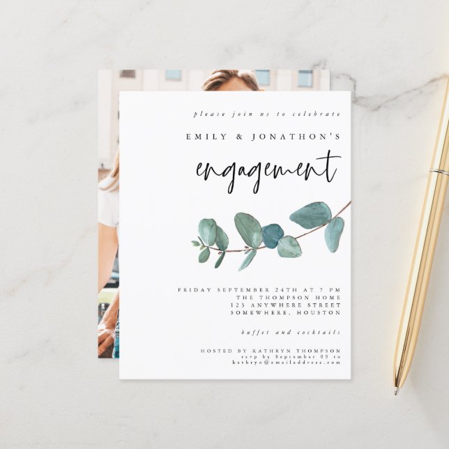 Budget Blue Eucalyptus Photo Engagement Invitation (Front/Back In Situ)