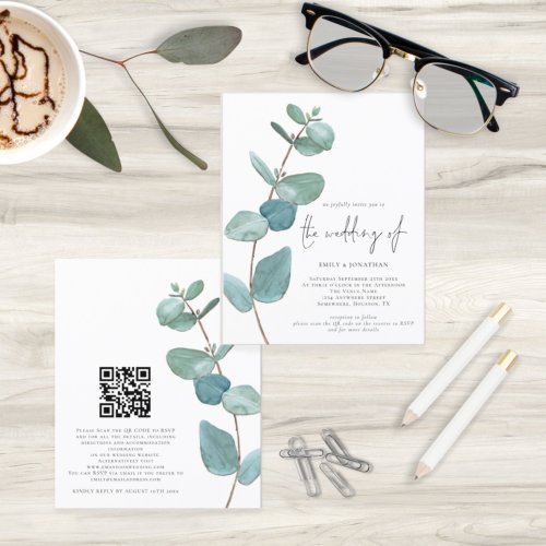 Budget Blue Eucalyptus QR Code Wedding Invitation
