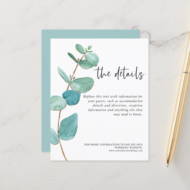 Budget Blue Eucalyptus Wedding Information Details (Front/Back In Situ)