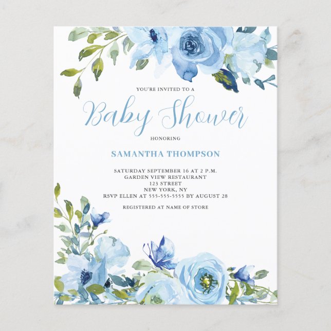 Budget Blue Floral Baby Shower Invitation Flyer (Front)