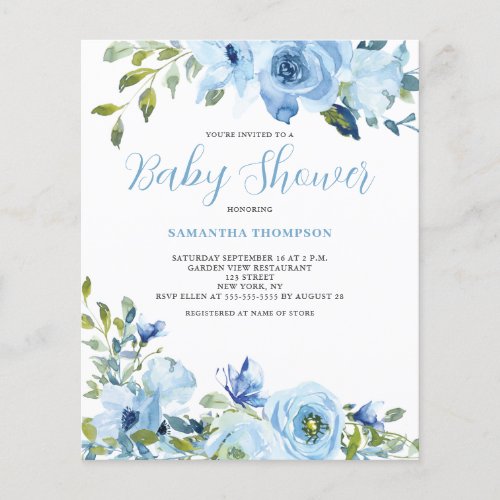 Budget Blue Floral Baby Shower Invitation Flyer