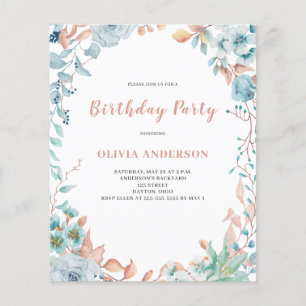 Budget Blue Floral Birthday Invitation Flyer