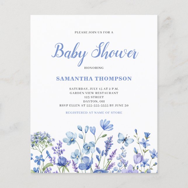 Budget Blue Floral Boy Baby Shower Invitation (Front)