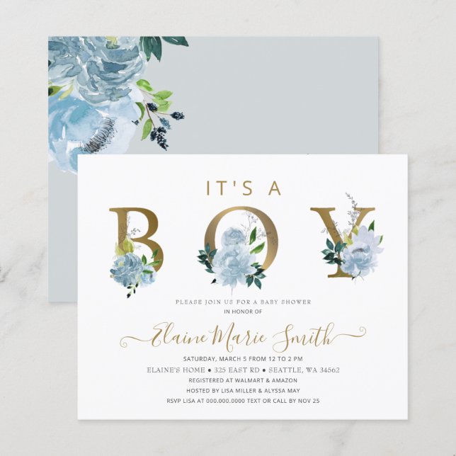 Budget Blue Floral Boy Baby Shower Invitation (Front/Back)